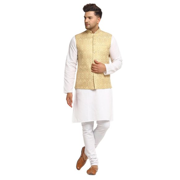 Sleeveless Traditional Brocade Silk Fabric Light Golden Nehru Jacket by Treemoda - Picture 5 of 5